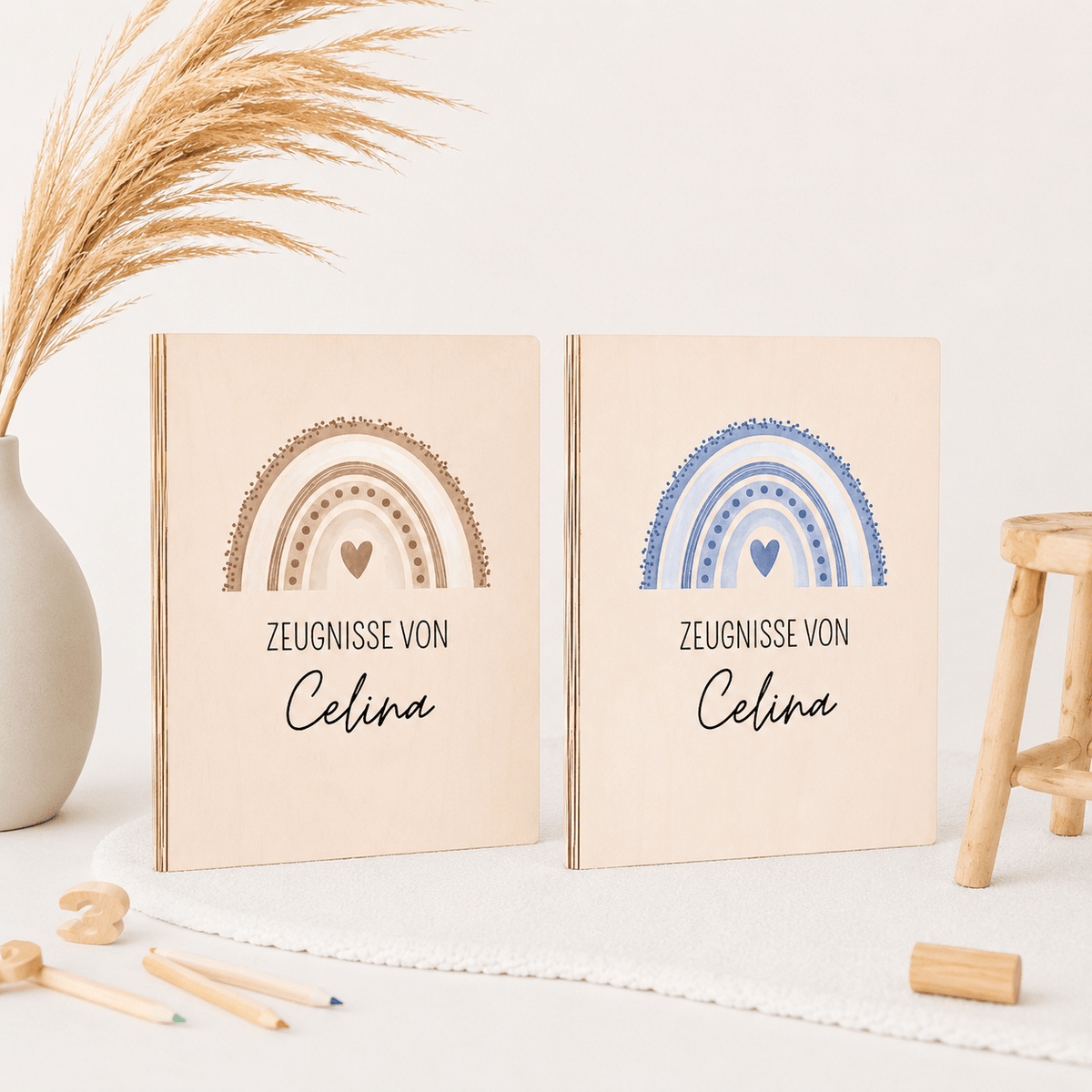 Zeugnismappe Holz personalisiert - Regenbogen Punkte Aquarell - wunderwunsch