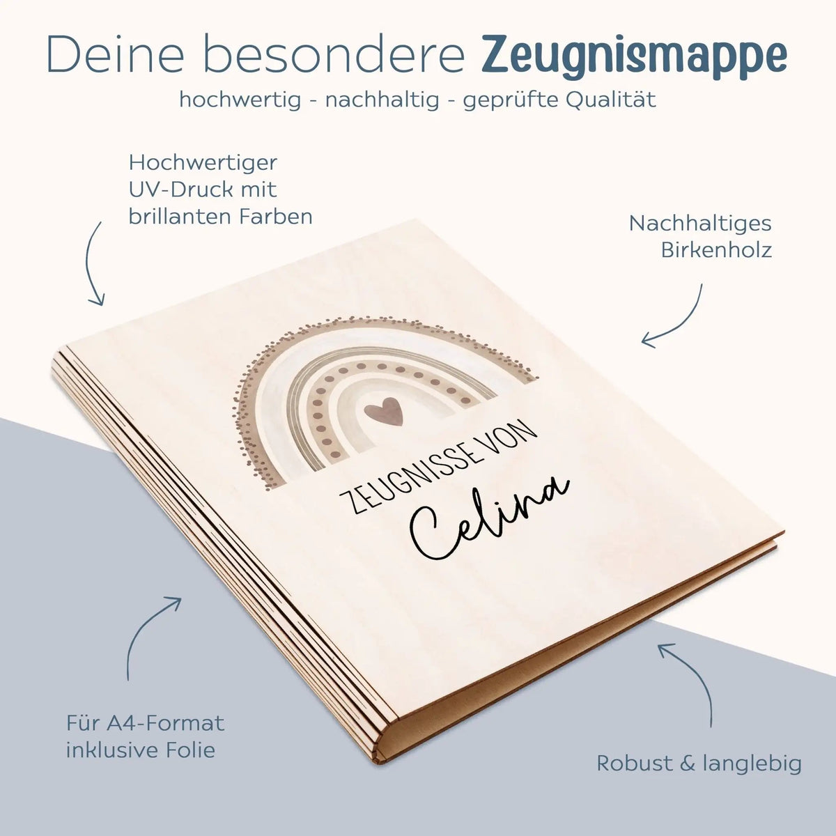 Zeugnismappe Holz personalisiert - Regenbogen Punkte Aquarell - wunderwunsch