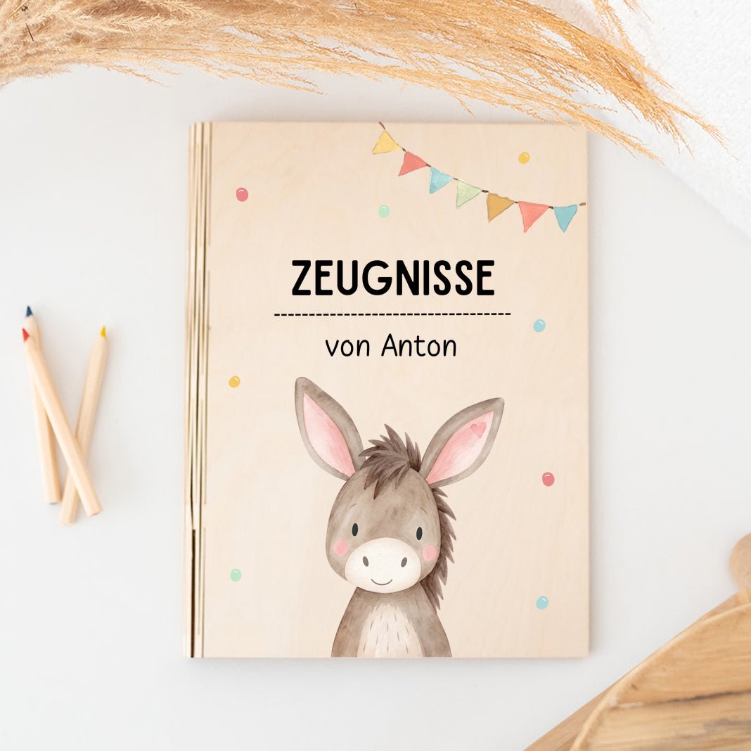 Zeugnismappe Holz personalisiert - Tier Girlande Aquarell - wunderwunsch