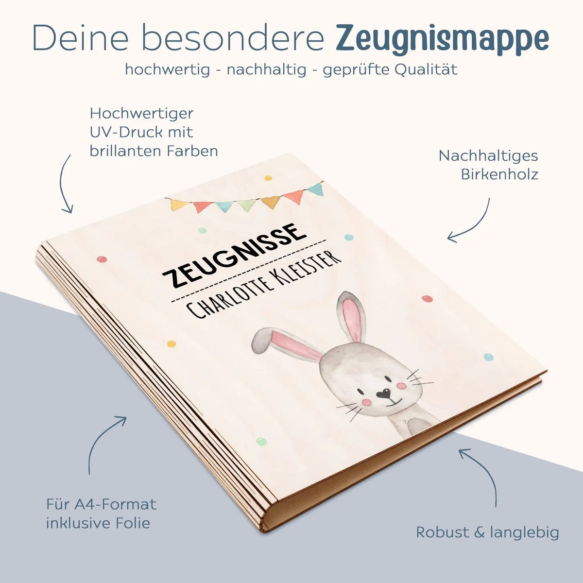 Zeugnismappe Holz personalisiert - Tier Girlande Aquarell - wunderwunsch