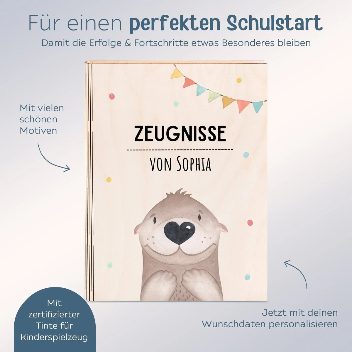 Zeugnismappe Holz personalisiert - Tier Girlande Aquarell - wunderwunsch