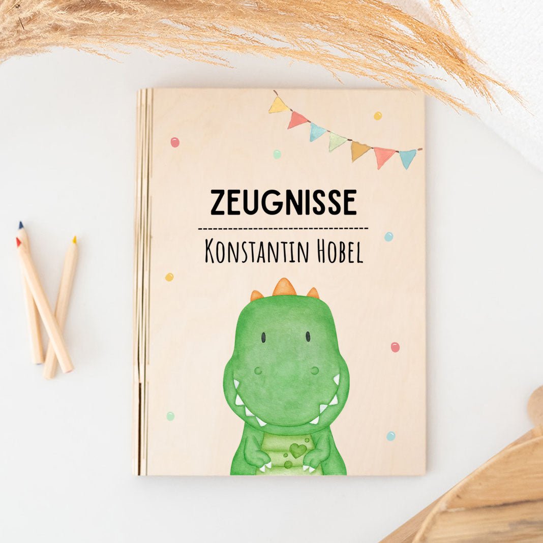Zeugnismappe Holz personalisiert - Tier Girlande Aquarell - wunderwunsch