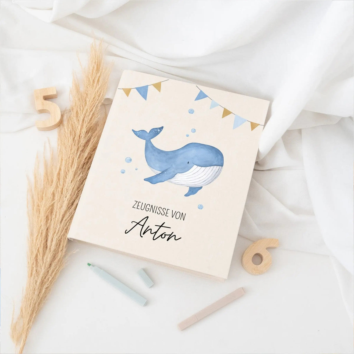Zeugnismappe Stoff personalisiert - Wal Girlande Aquarell - wunderwunsch